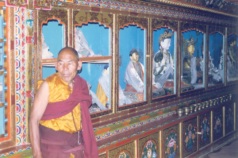 Monk inside Buddhist Gompa, Leh, Ladakh, India 